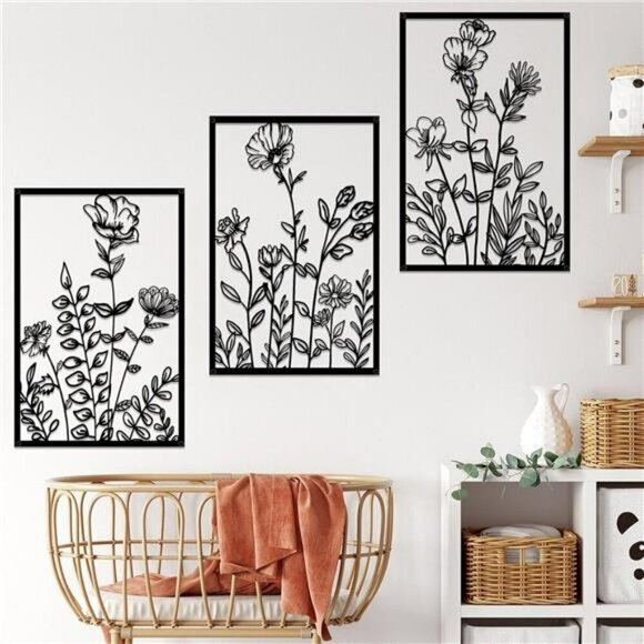 Black Metal Flower Wall Art Set Abstract Minimalist Decor for Bedroom Living - Picture 3 of 8